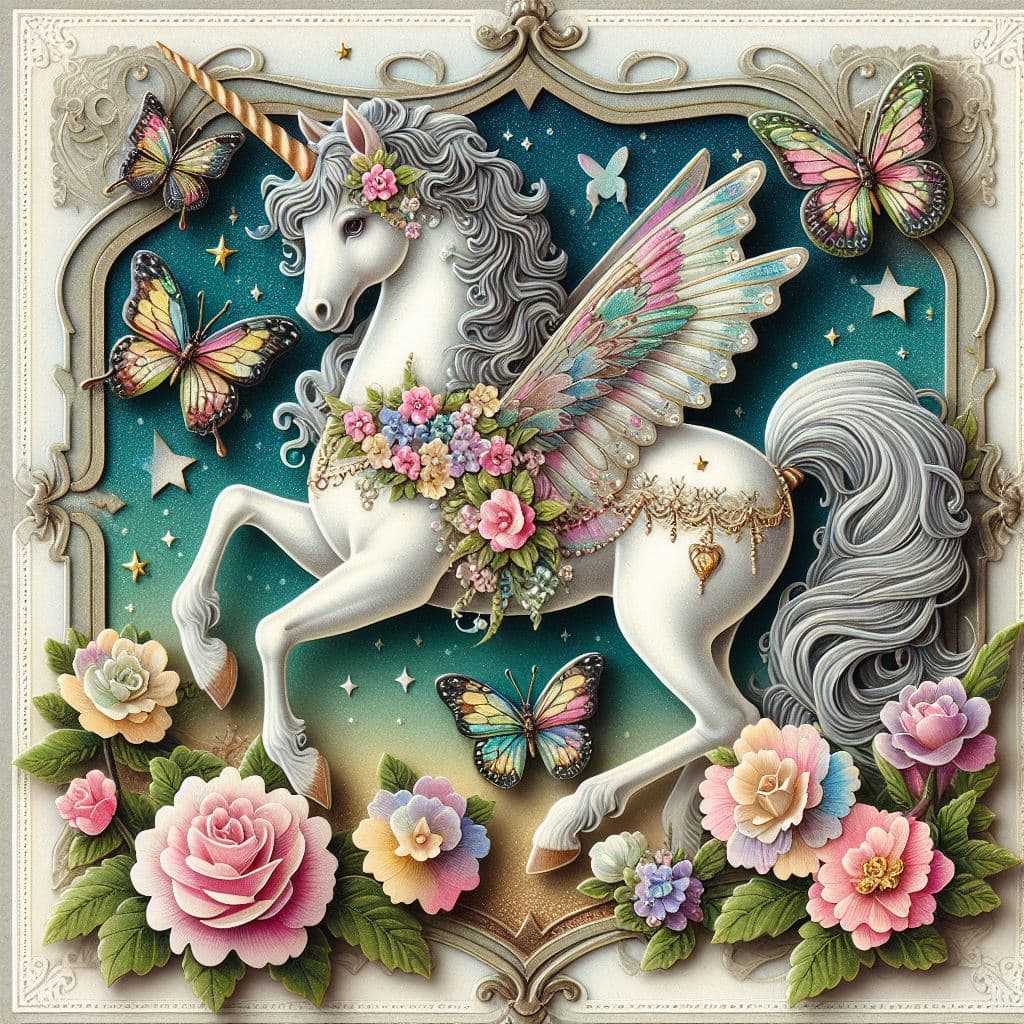AI generated: collectible victorian paper Die Cut, A unicorn with flowers and butterflies, glossy, glittering effe...