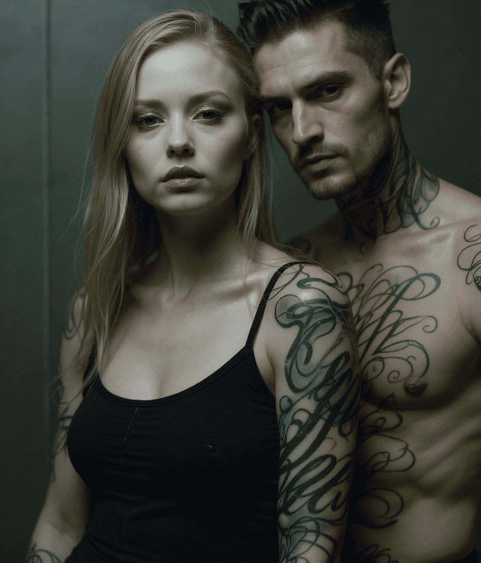 AI generated: Close-up portrait of a young adult Caucasian woman and a man, both with elaborate tattoos.  Woman, m...