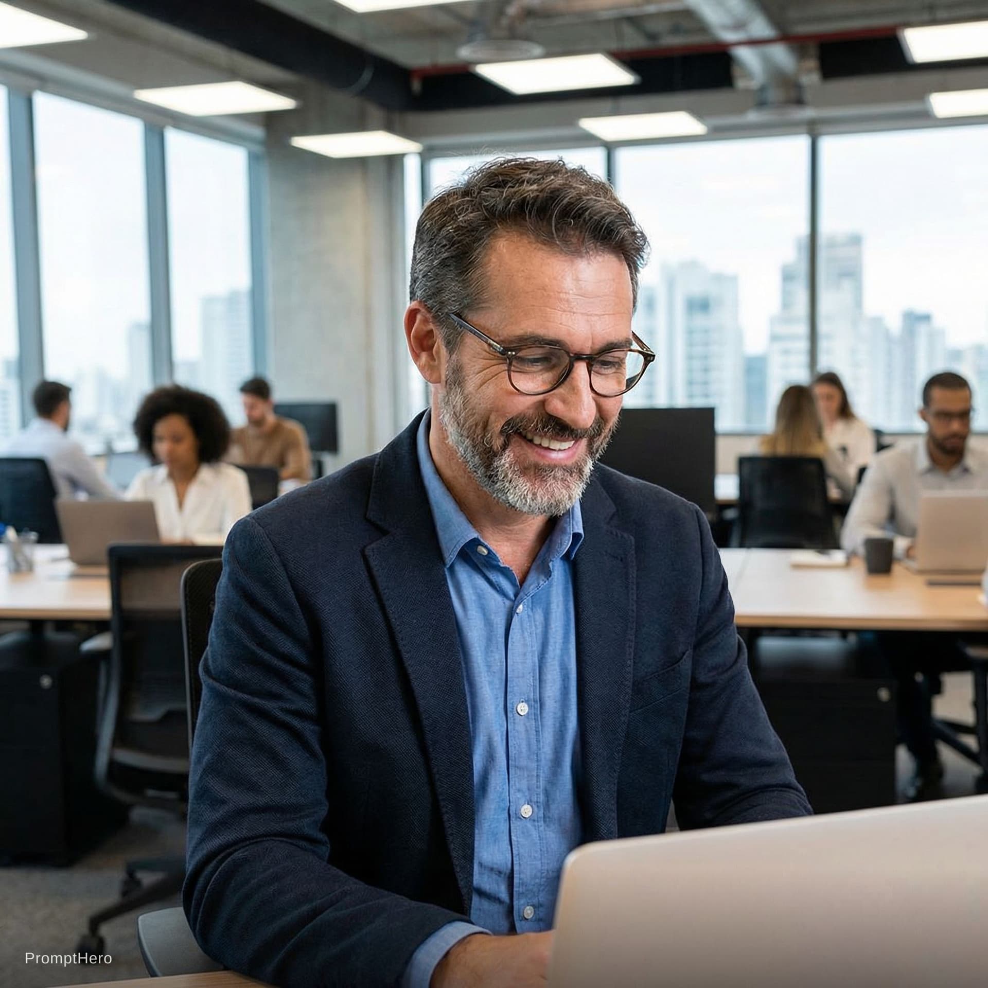 AI generated: Age this person by 10 years and let it wear a beard in an office environment