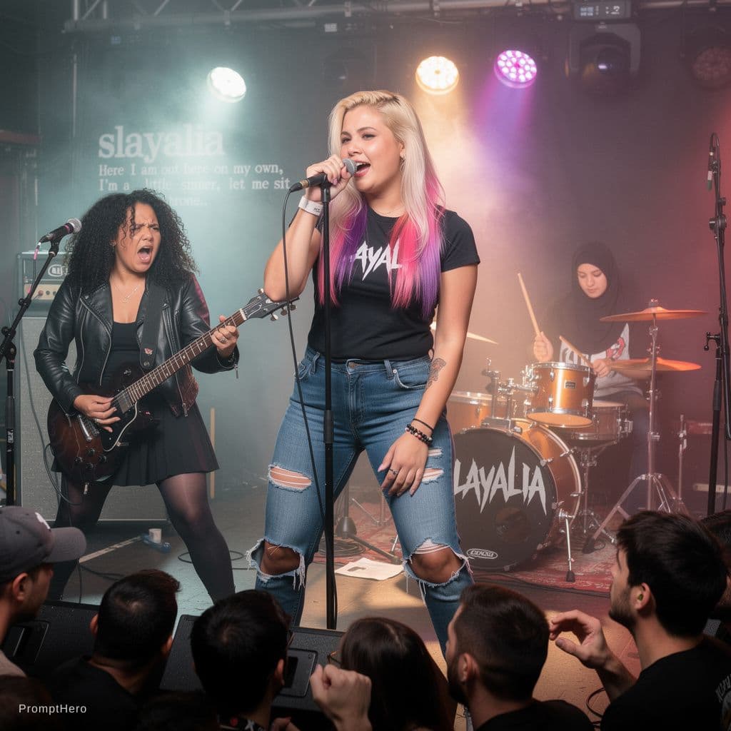 AI generated: A hardcore punk band called Slayalia performing on stage. The lead singer has long blonde hair with ...