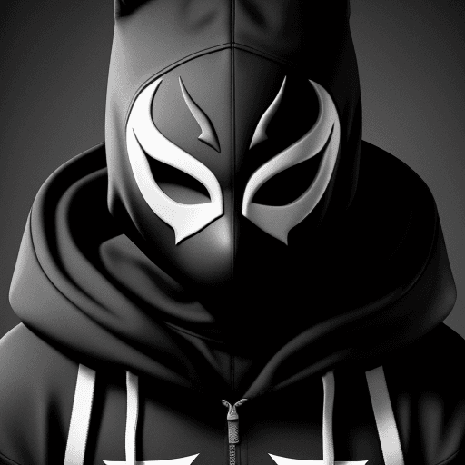 AI generated:  The image features a black and white stylized logo of a masked character. The mask has a hood and i...
