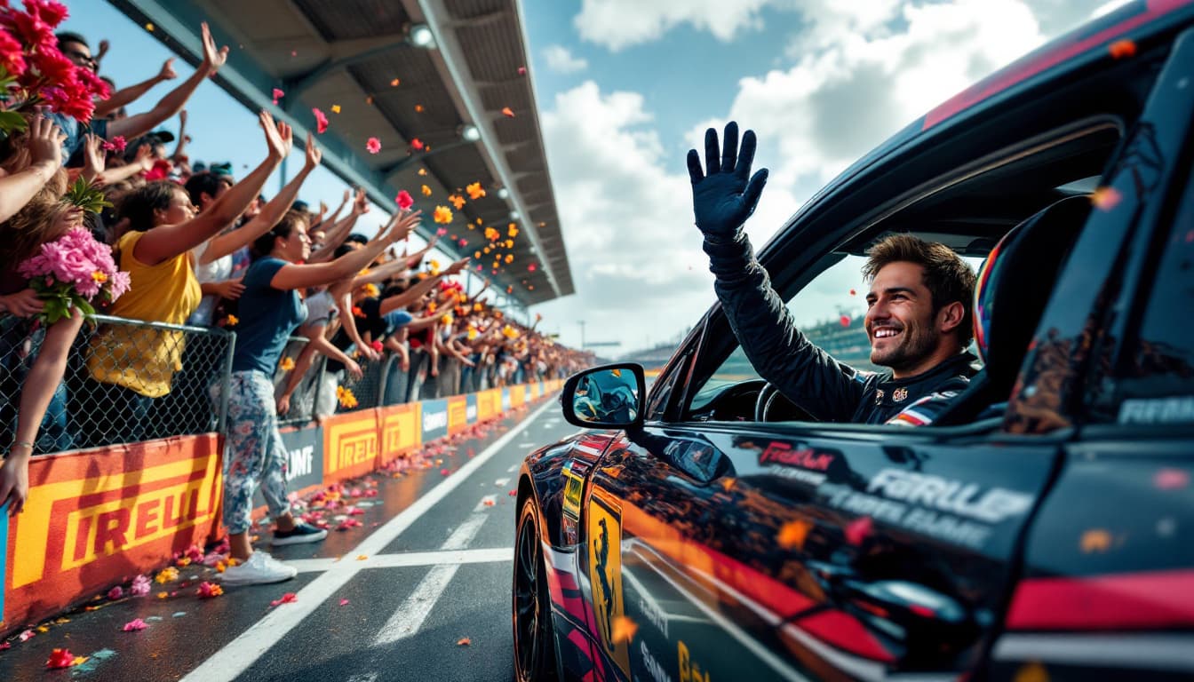AI generated: On the race track, on the Walk of Fame, a car with the logos of its club on the sides stops.  Fans i...