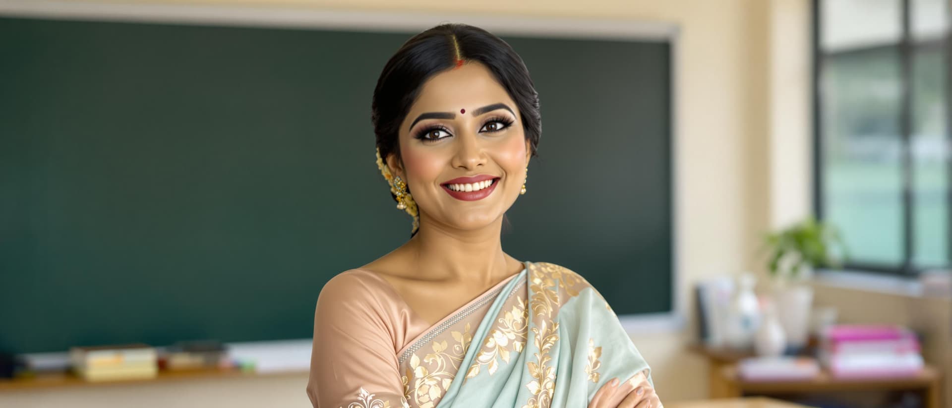 AI generated: A 32-year-old Indian woman with smooth black hair styled in a neat, professional bun. She has a fit ...