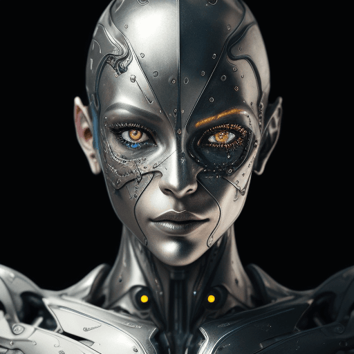 AI generated:  Cyborg, front view, metallic skin, melting into the patinated background, brilliant modern abstract...