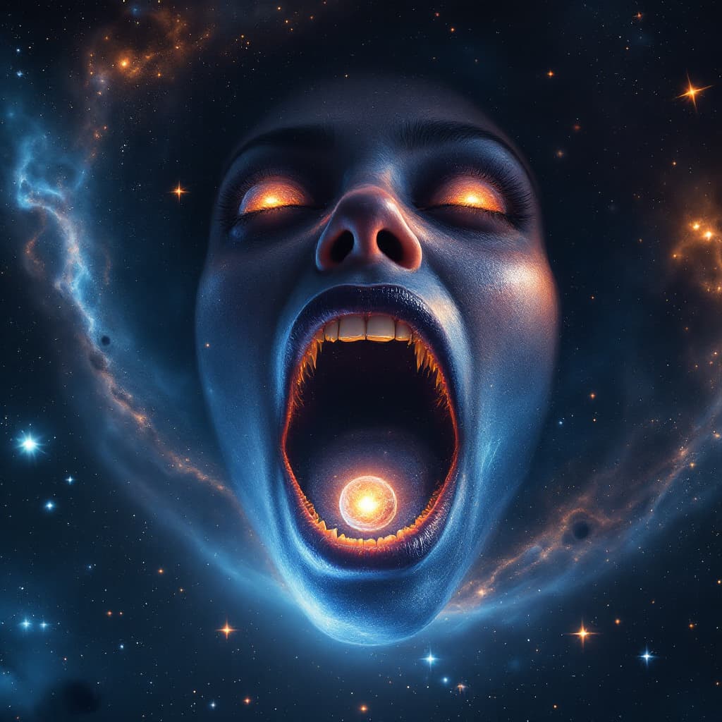 AI generated: enormous giantess bigger than a galaxy floating in space, minuscule galaxy in front of her mouth, ex...