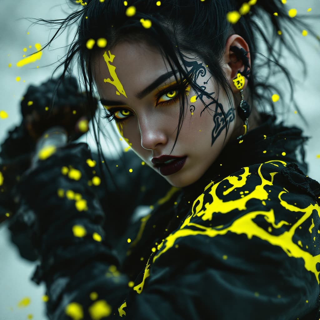 AI generated: Editorial Vivienne Tam photography of a gothic punk rebel Japanese [woman] with neon yellow and blac...