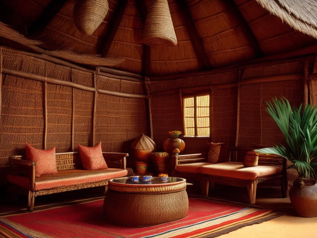 AI generated: an interior decoration of a luxury hotel lounge in the traditional Bamileke hut style of western Cam...