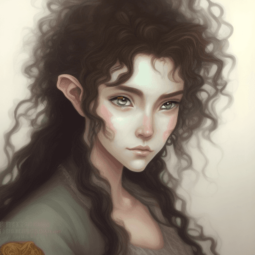 AI generated: A fantasy Anime style painting portrait of female hobbit art character with curly brown messy hair, ...