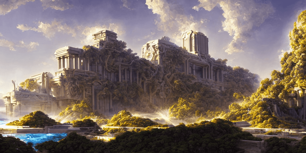 AI generated: futuristic sci-fi high-tech city of Atlantis zeus statue and hill valley grec greeble temple of olym...