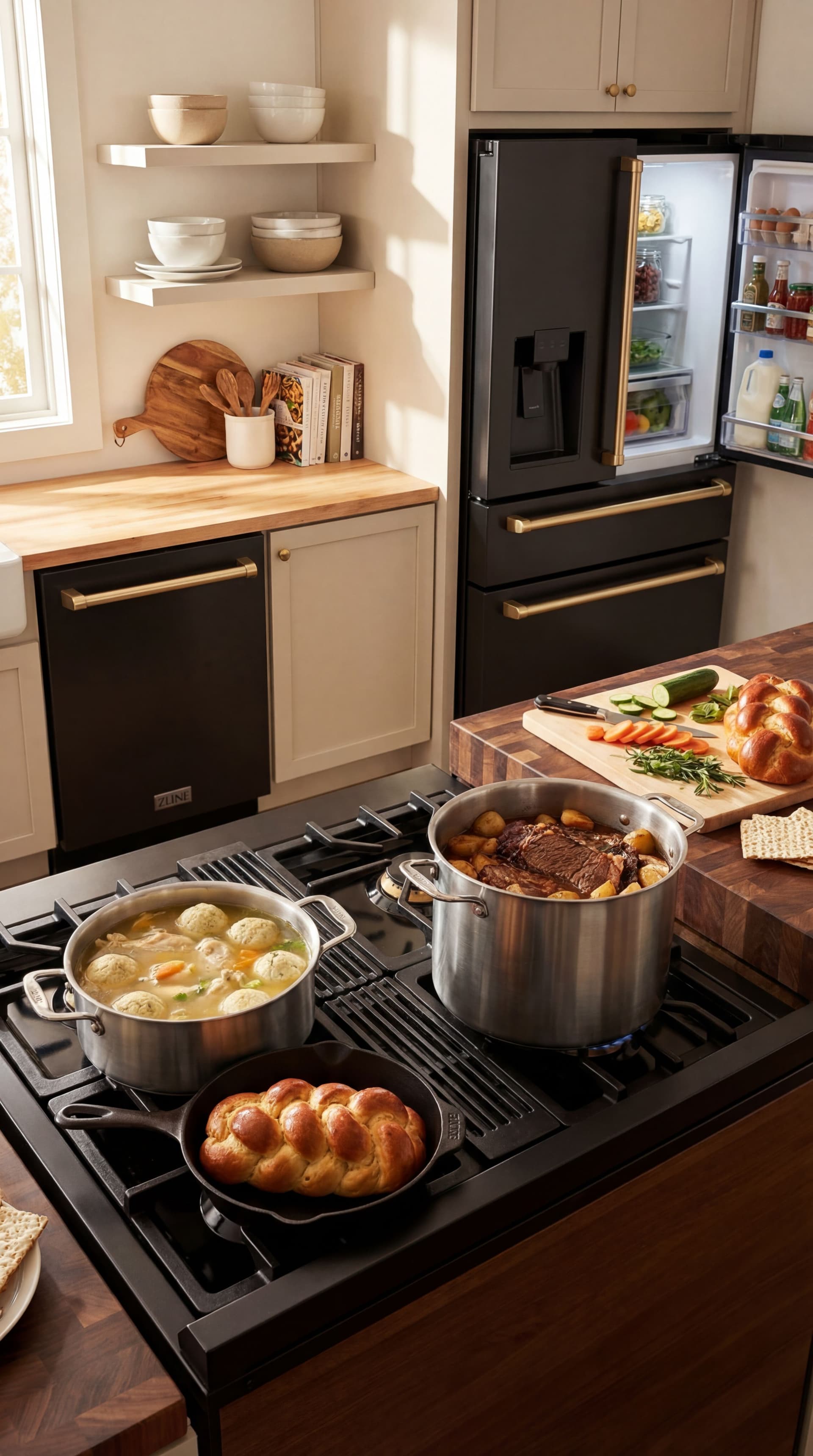 AI generated: Turn into lifestyle photo show stove to have cooking pots with food.  Food should be kosher.
