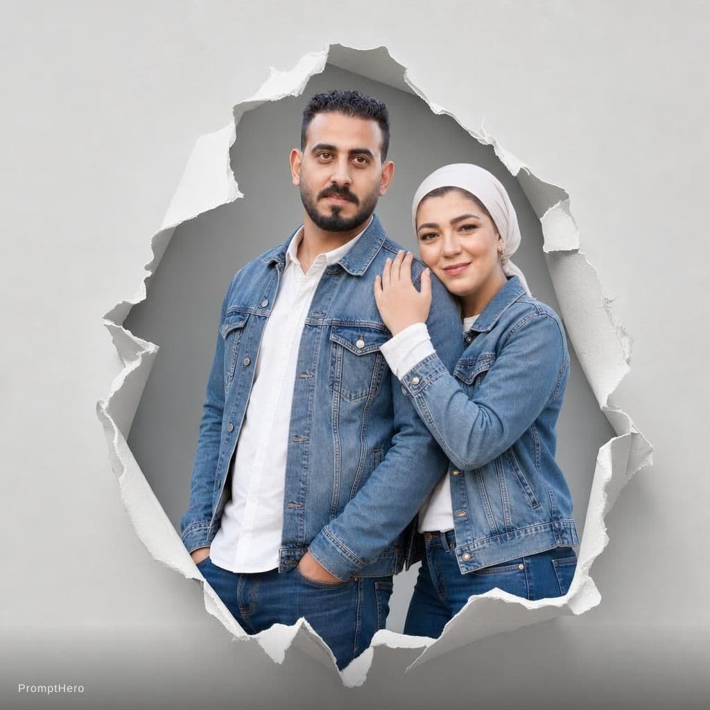 AI generated: Two Moroccan couple portraits, half-body view, emerging from realistic torn paper holes on a light g...