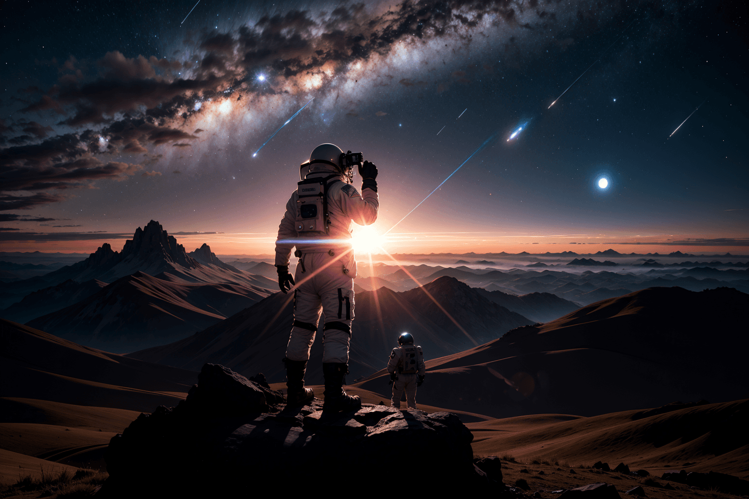 AI generated: a silhouetted astronaut on a hill looking at a well lit alien planet, strange vibrant landscape, sta...