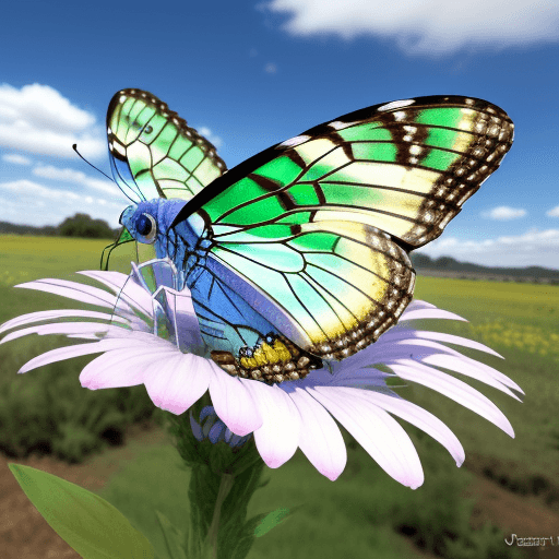AI generated: una mariposa multicolor en un campo verde con un cierlo azul y nubes blancas, el campo verde con flo...