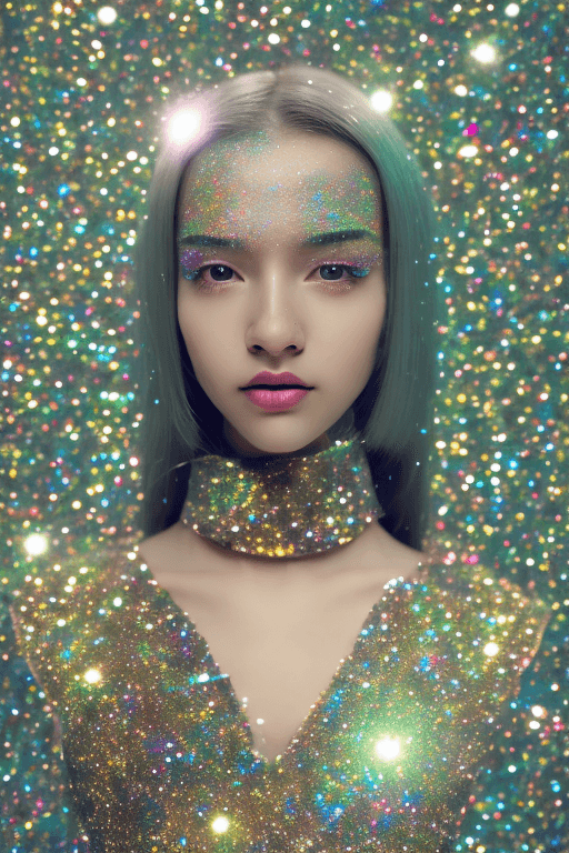 AI generated: Close-up of a android girl, glitter background, shiny glitter hair, professional profile photo, shin...