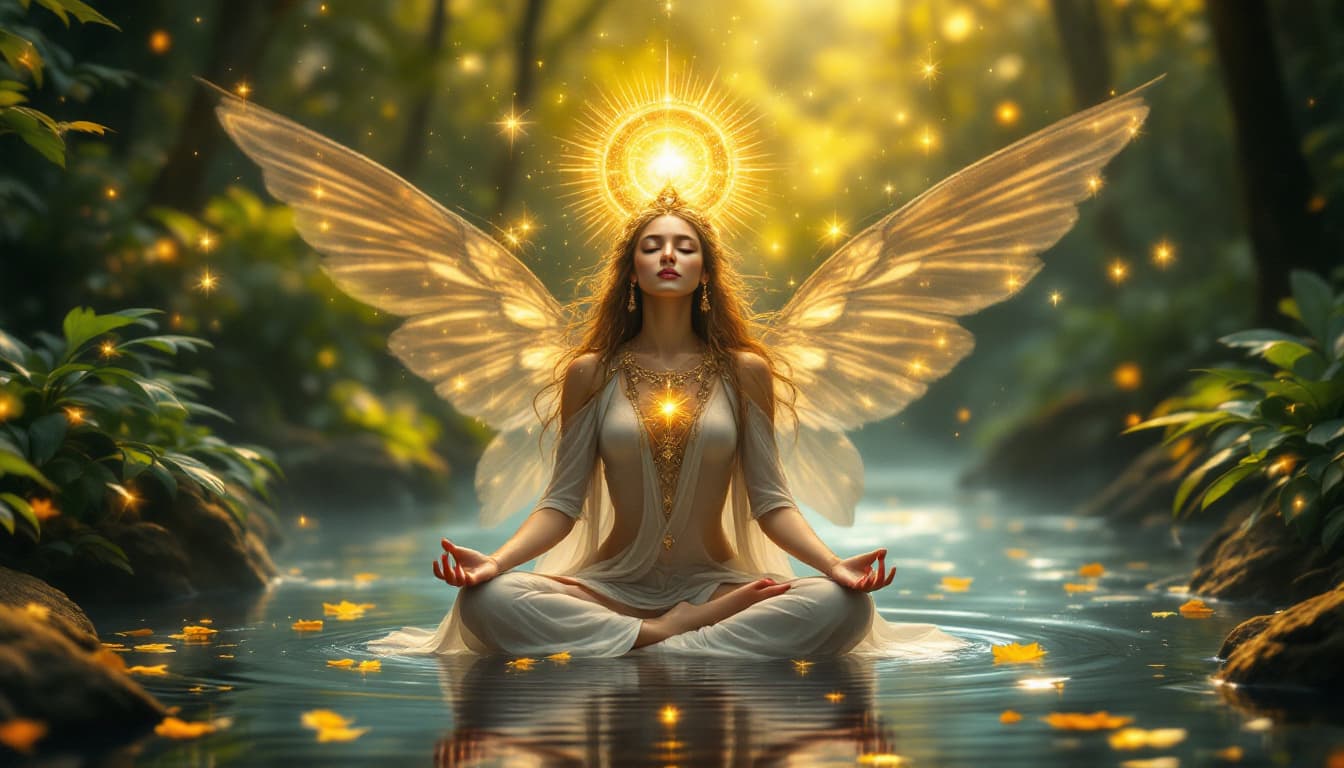 AI generated: sakti godeses beautiful in forest beside waterfail fairy is flying

 in zen meditation in forest ,se...