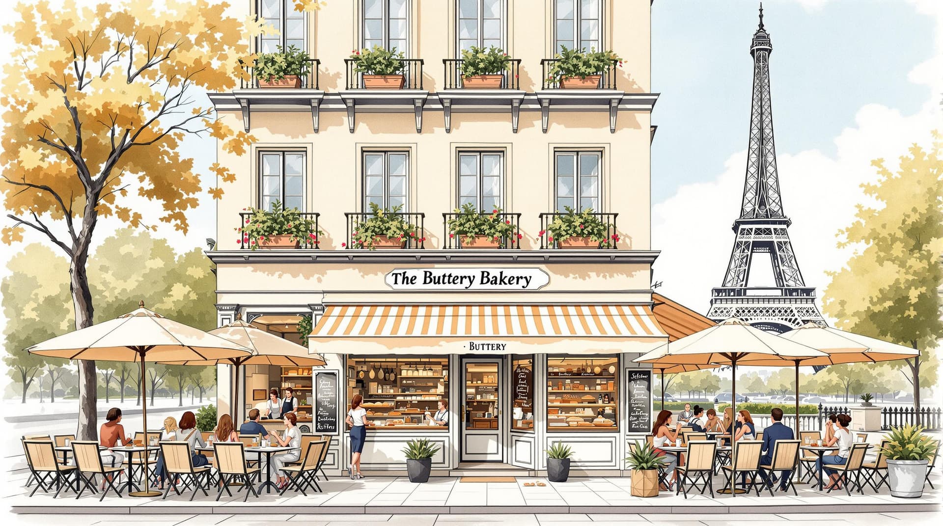 AI generated: The Buttery Bakery as if it’s being in paris, you can draw a watercolor of the bakery and add Eiffel...