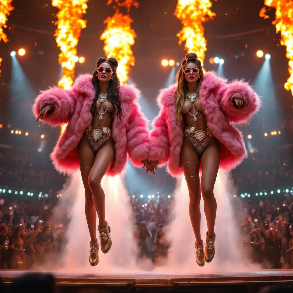 AI generated:  twin sisters on stage, dressed like rappers, flying on jetpacks, wearing pink fur coats, wearing di...