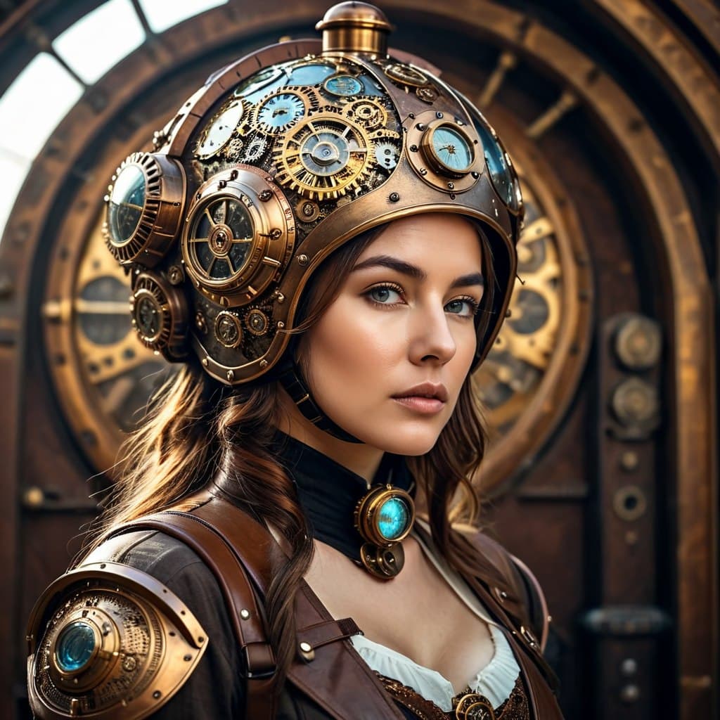 AI generated: Small woman wearing a ( huge:1. 6) steampunk sphere helmet (covered with many small gears and sphere...