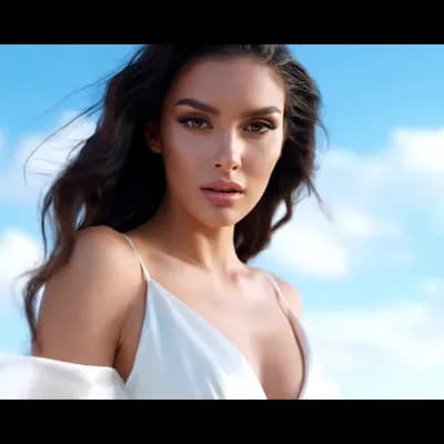 AI generated video: A half Body Photo of a beautiful dark haired girl, her beautiful brown eyes look directly at camera,...