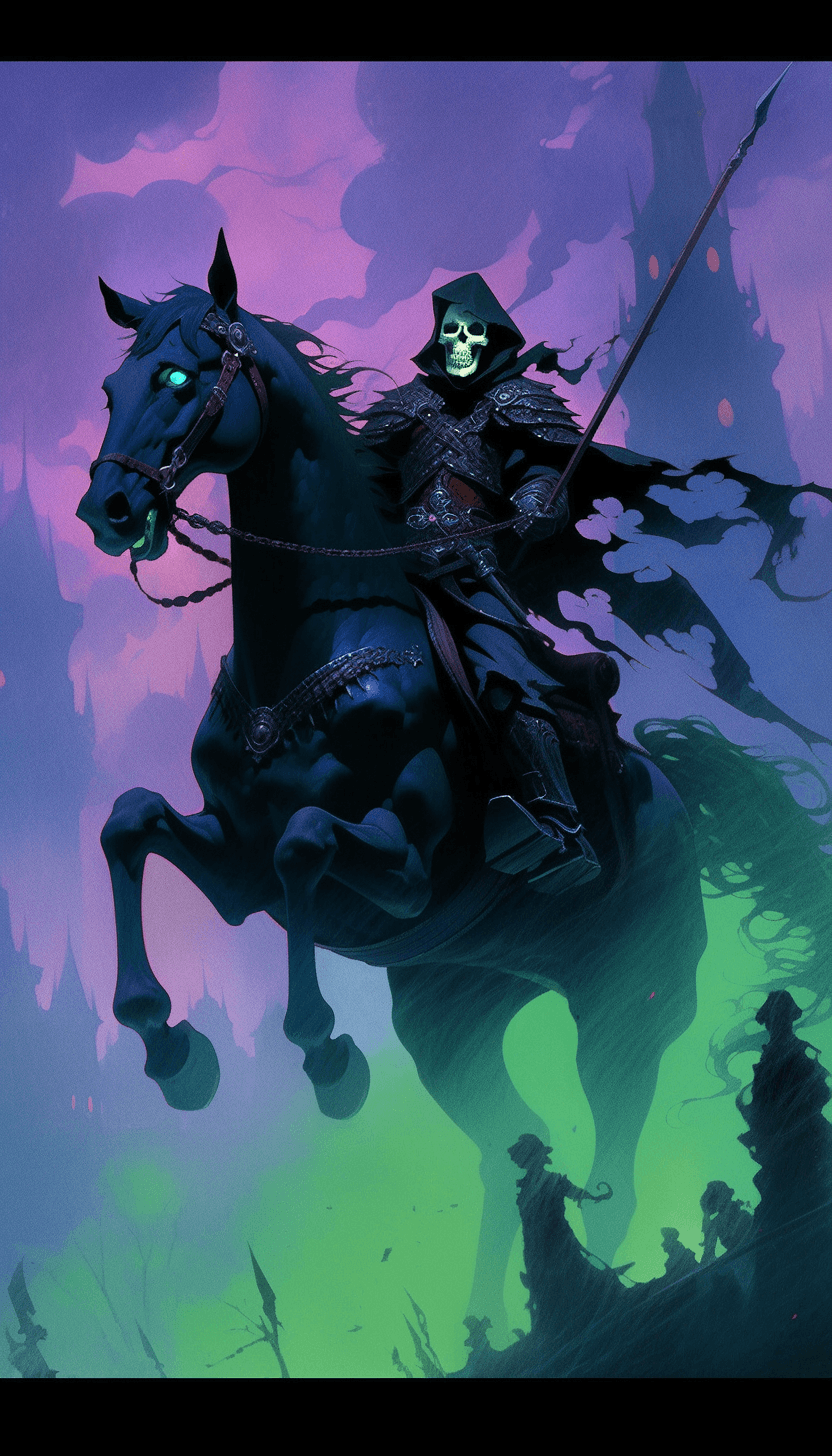 AI generated: art style of Don Bluth, man, a single rider, riding through a ghostly valley, mist, fog, enemy rider...