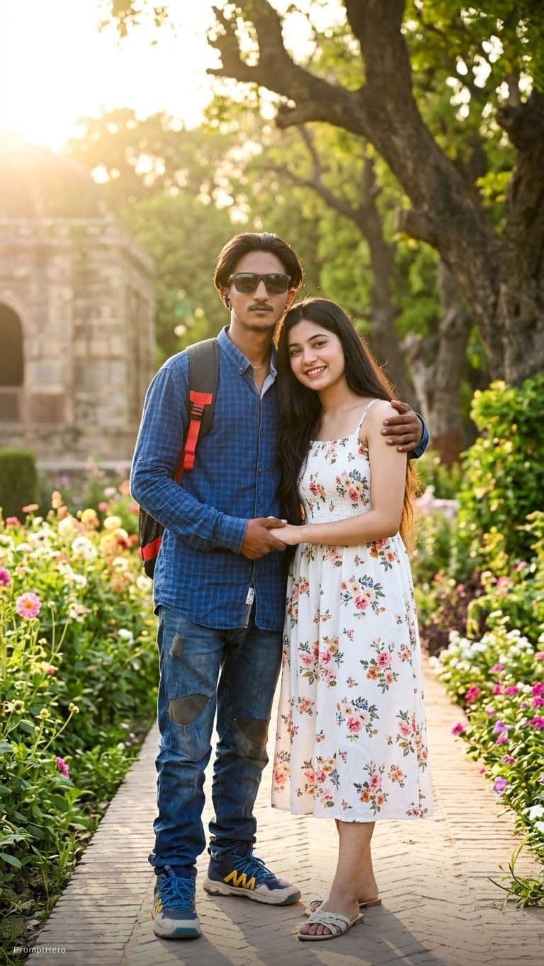 AI generated: couple photo, age 19 and add me with handsome and beautiful girl, add beautiful background 