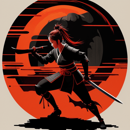 AI generated: the samurai at night with her sword, in the style of screen printing, epic fantasy scenes, comiccore...