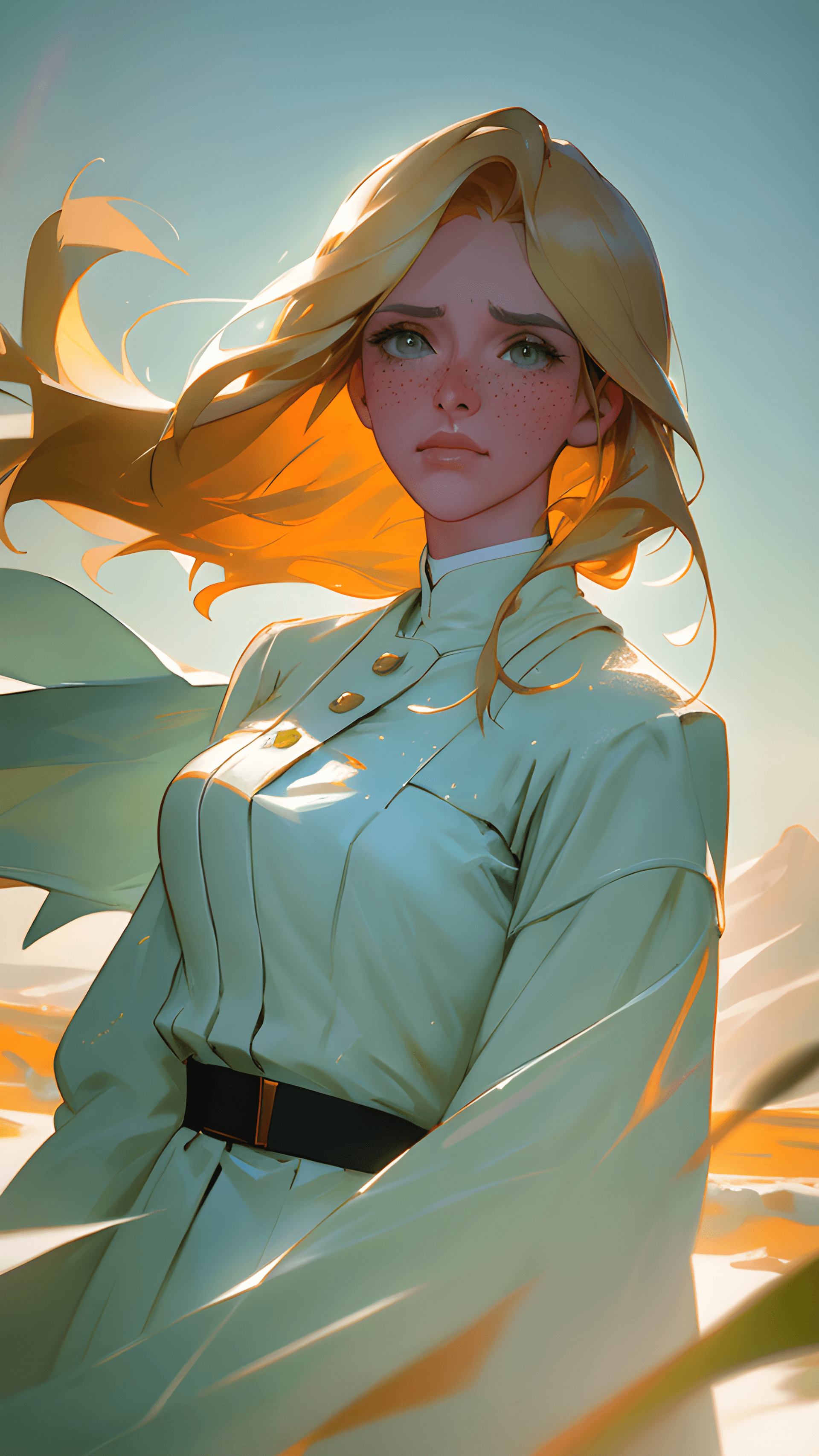 AI generated: best quality, masterpiece, upper body, woman, freckled face, windblown blonde hair, emerald eyes, mo...