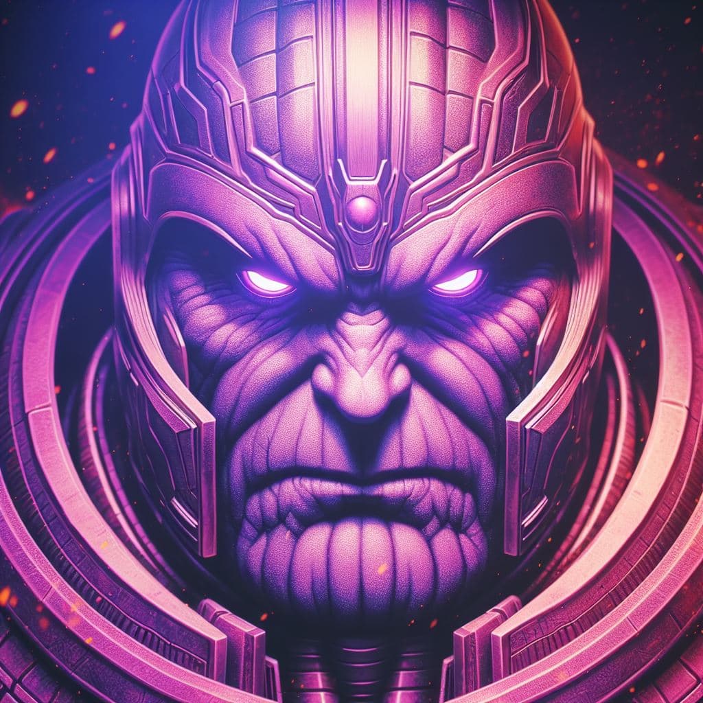 AI generated: close up of MODOK of Marvel, purple phosphorus eyes, Masterpiece, gigantic scale, ascii-art --no moc...