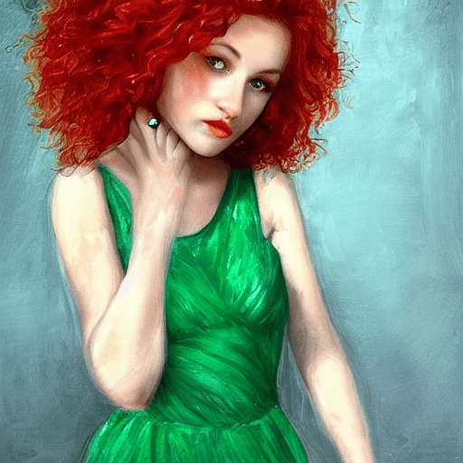 AI generated: red hair, purple eyes, curly hair, girl, european face, green dress, realistic art