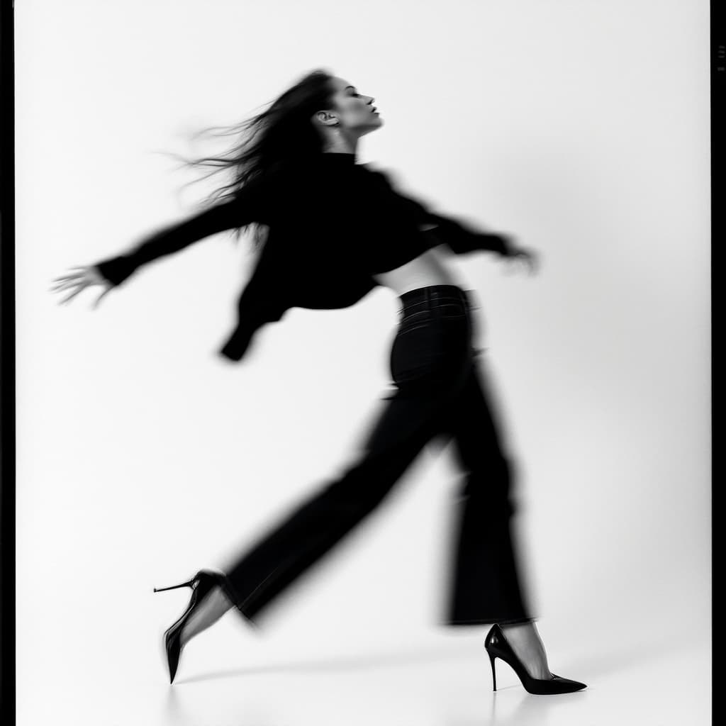 AI generated: A Vogue editorial shot in a minimalist black and white style, featuring a young brunette woman. The ...