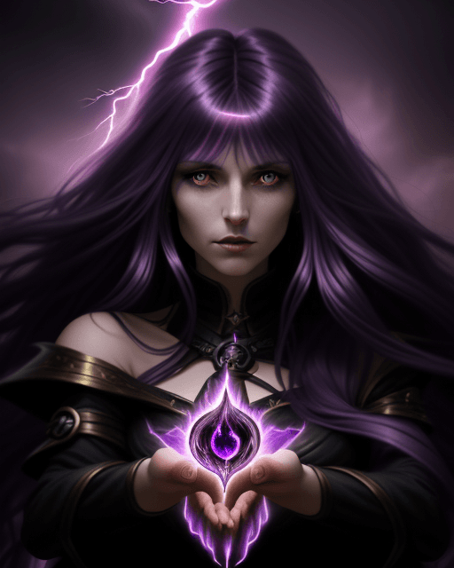 AI generated: long haired woman | fantasy art | swirly purple hair with bangs | epic fantasy card game | woman mad...