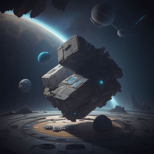 AI generated: Spaceship wreckage, block shaped, remove round corners, floating in space, remove planets, nebulae, ...