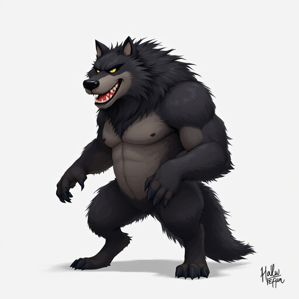 AI generated: nsfw, art, furry, anthro wolf, body fur, black fur, huge breasts, large horse penis, black penis, sm...