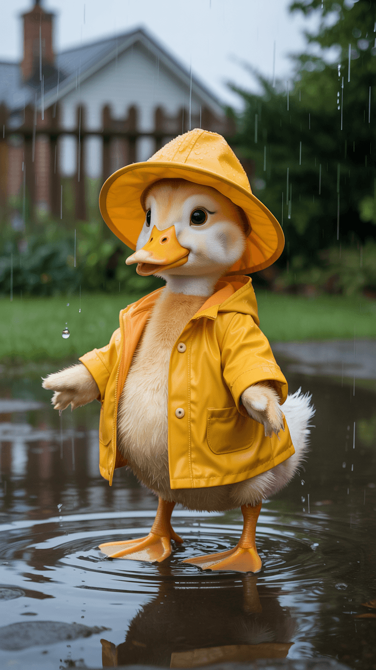 AI generated: A hyperrealistic full-body portrait of cartoon Duckling with a yellow raincoat and hat. hes standing...