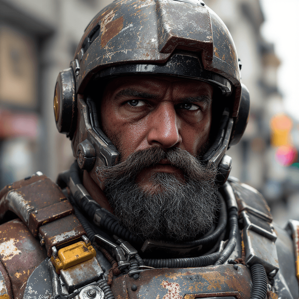 AI generated: Close up portrait photo of muscular bearded guy in worn mech suit, intricate, (steel metal [rust]), ...