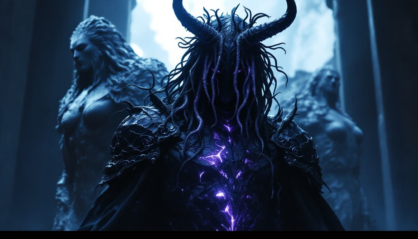 AI generated: In a shadowy, ominous environment, a darkly clad figure exudes a sense of eerie power, enveloped in ...