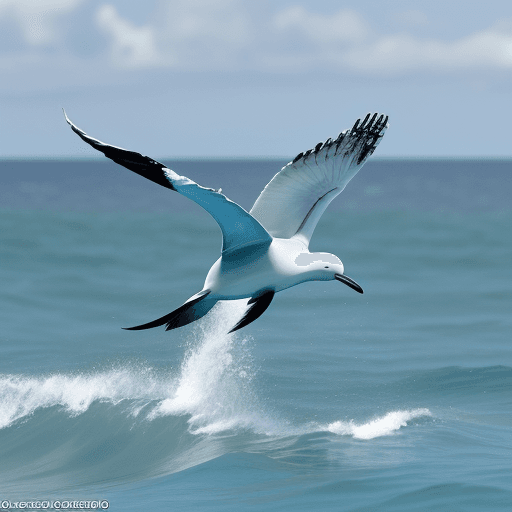 AI generated: Pájaro blanco, ubicado en el medio del mar con delfines azules alrededor