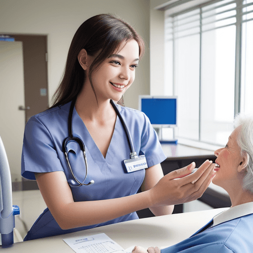 AI generated:  A smiling nurse, in a welcoming hospital environment, interacting positively with a patient.