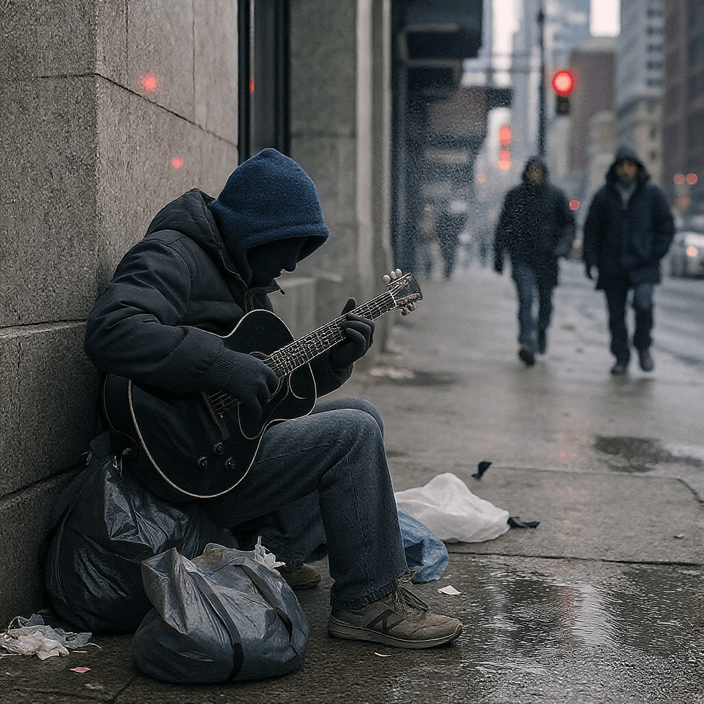 AI generated: Blues busker in windy city playing in front of a few frenetic listeners.
Please let him not sit in ...