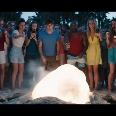 AI generated video: Generate a hyper-realistic video showing a mysterious glowing object already on a crowded beach — pe...