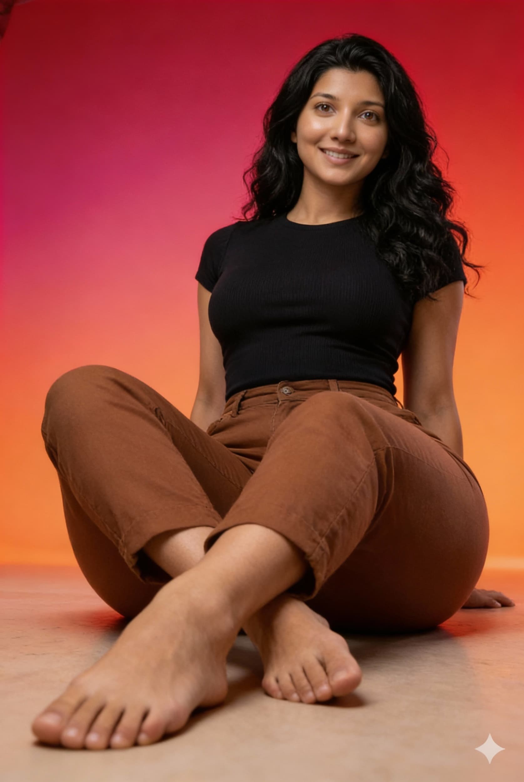 AI generated: Generate a wide and low angle, cinematic, fashion photography of Ria  for the brand Uniqlo. Woman si...