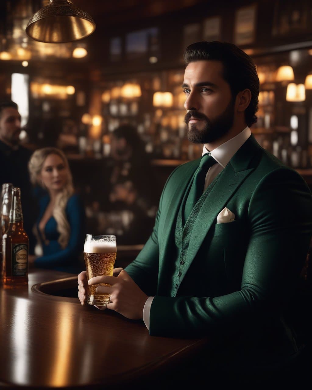 AI generated: 1man, (bachelor:1.3), a mug of beer, (sits in a bar with a beautiful woman:1.3), (an Irish pub in th...
