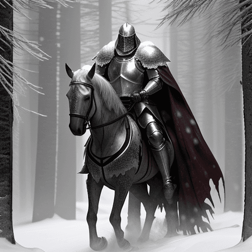 AI generated: A medieval knight in dark, weathered armor trudges through a dense snowstorm in a barren, wintry for...