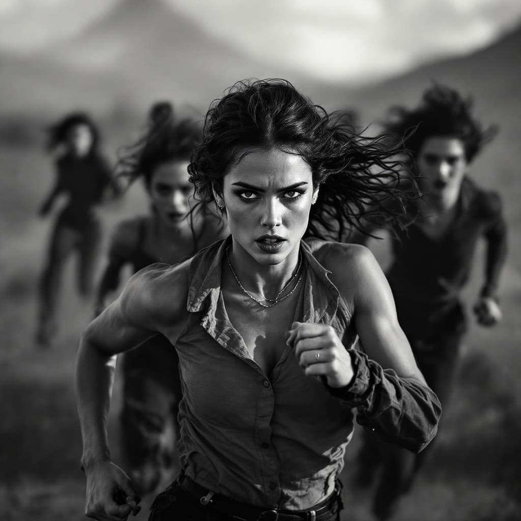 AI generated: black and white photograph of women running, in the style of intense gaze, hauntingly beautiful, ric...