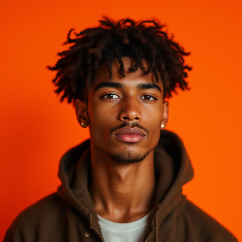 AI generated: photography, orange hue, latin young man model, solid orange backdrop, using a camera setup that mim...