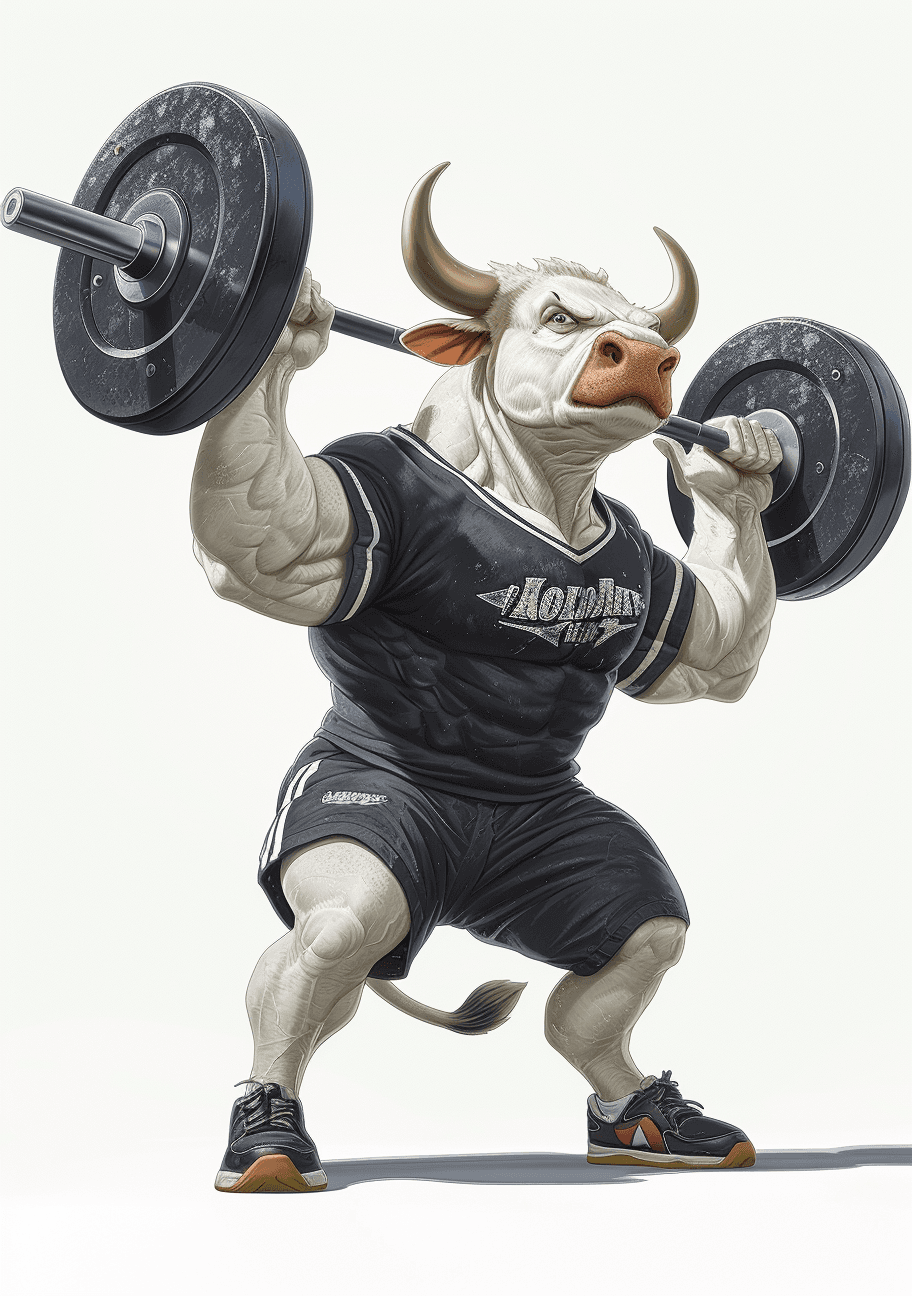 AI generated: White Nelore bull, anthropomorphic adult cattle, a Weightlifter, very strong, doing a lot of strengt...