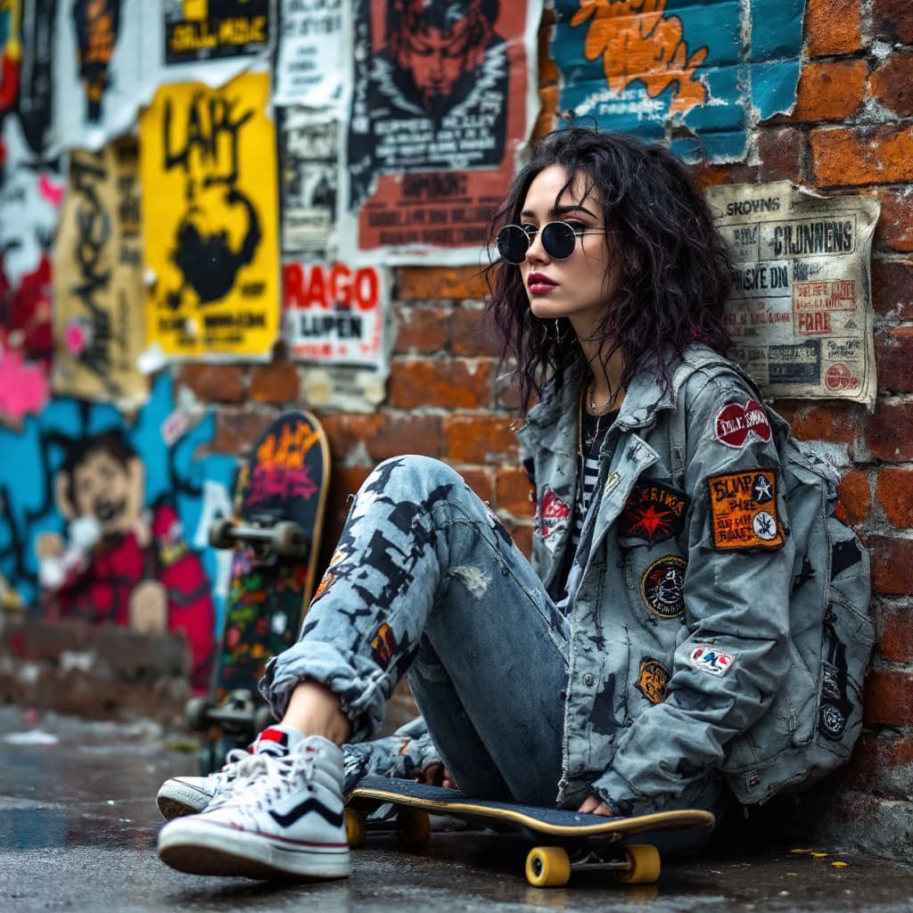 AI generated: london punk female , wearing skateshoes , sitting on ground with back against wall, a pro skateboard...