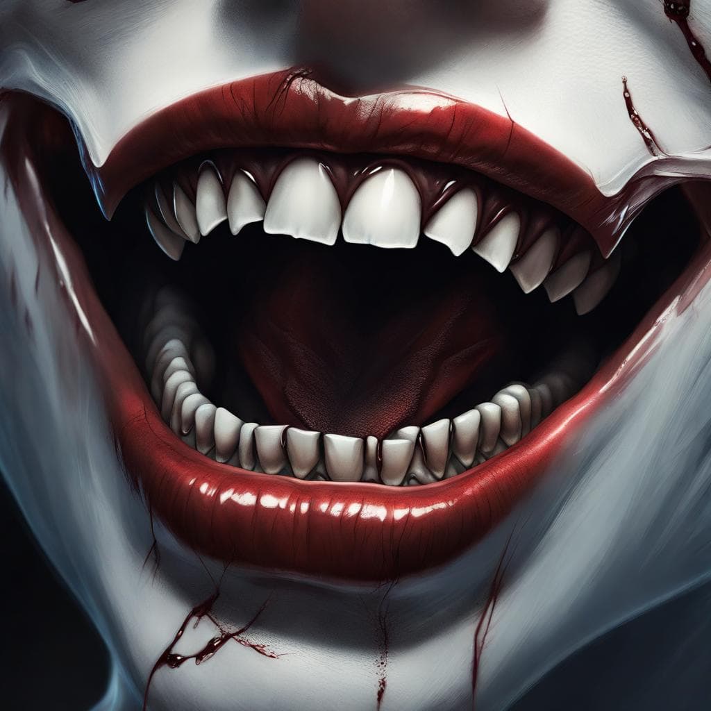 AI generated: close up of a (vampire) with (dark eyes) and (sharp fangs) ; dangerous ; haunting ; character design...