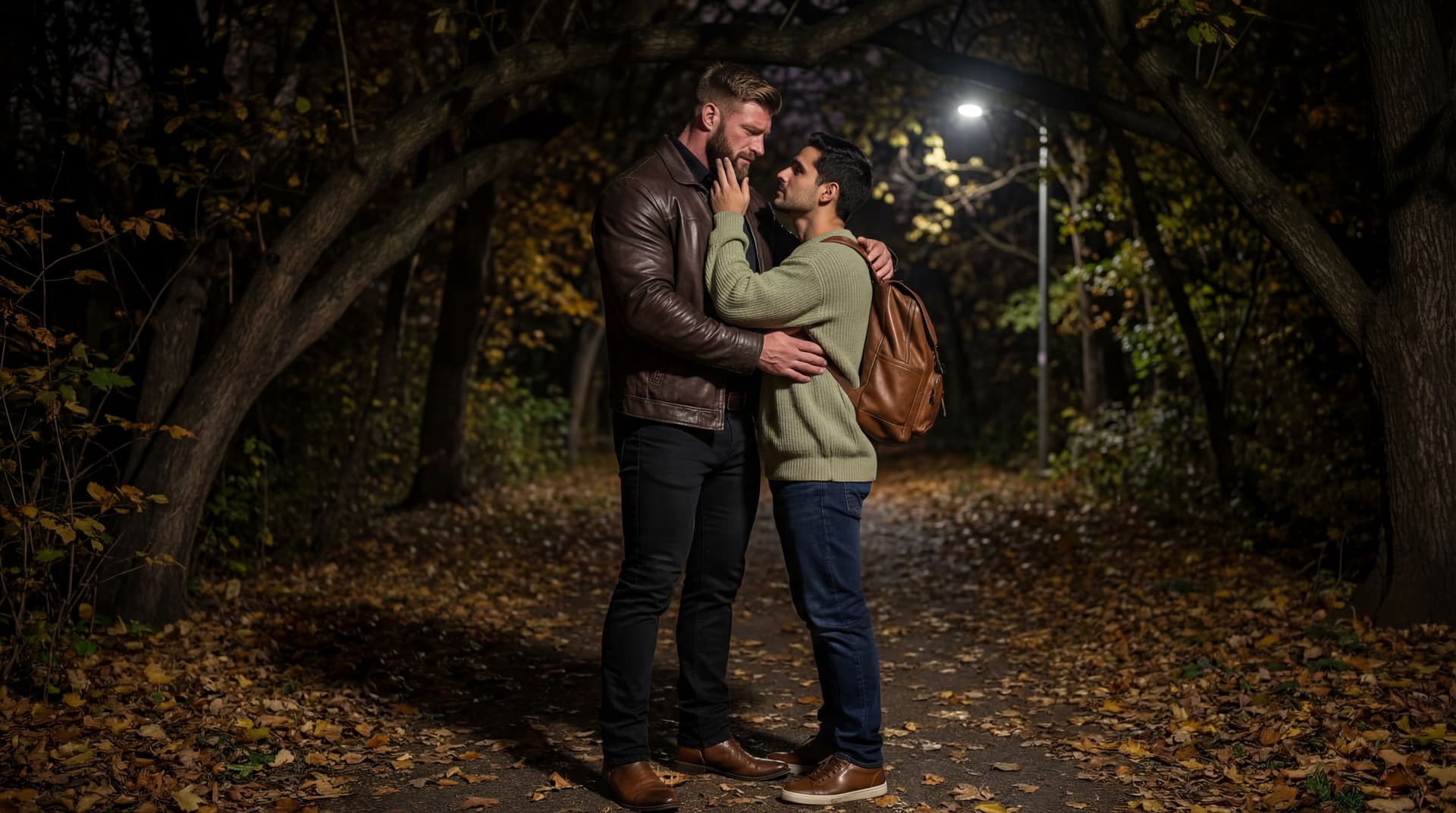 AI generated: On a Autumn night outside under a wooden area full of trees.

The bodybuilder is 6 feet 5 inches tal...
