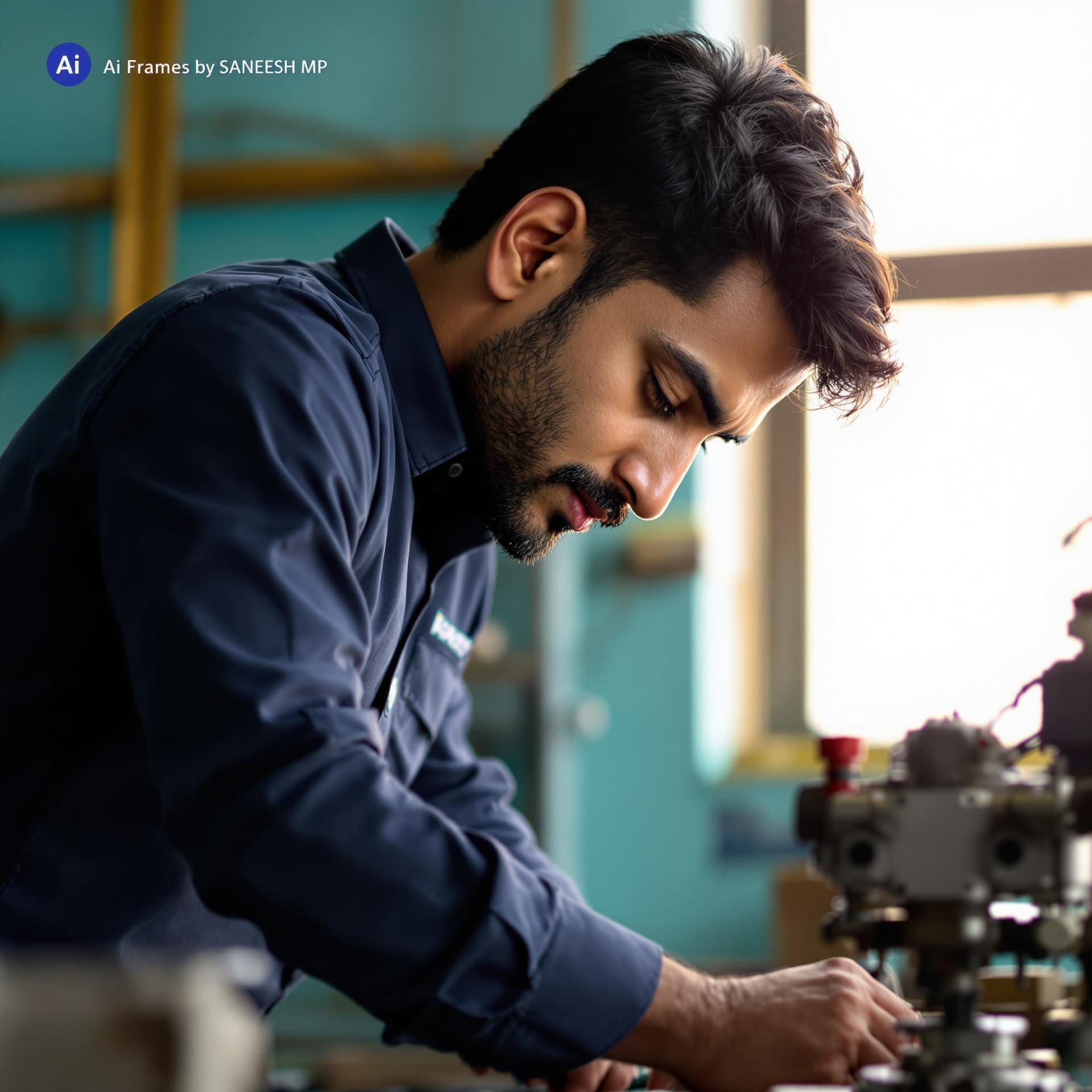 AI generated: The image features a focused Indian man operating a piece of machinery, presumably in a workshop or ...